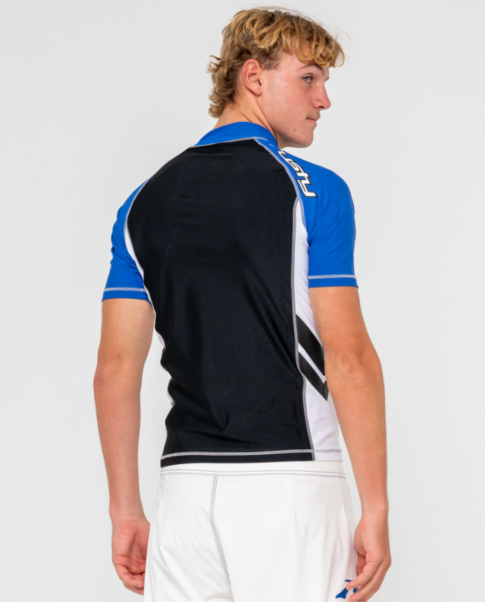 Rusty Spitfire Short Sleeve Rashie in black, white and blue on model from back