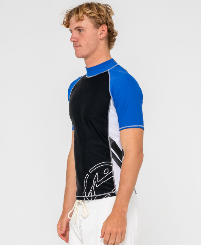 Rusty Spitfire Short Sleeve Rashie in black, white and blue on model from side