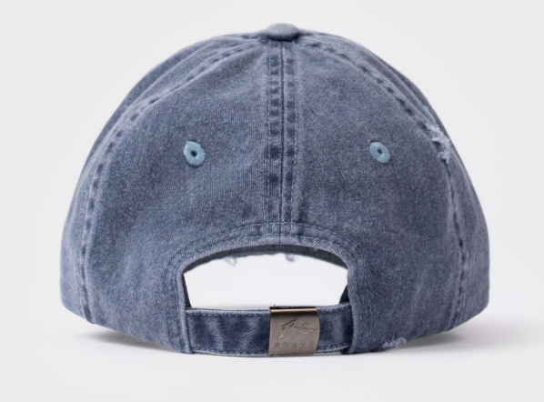 Rusty Split Seam Dad Cap in navy blue showing the back and closure system