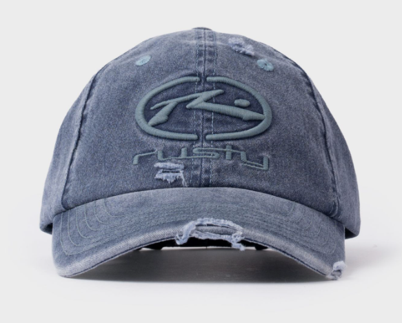 Rusty Split Seam Dad Cap in navy blue showing embroidered logo and distressed material from front
