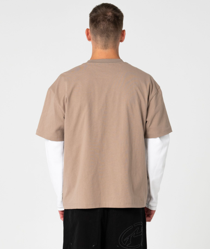 Rusty Spray N Pray Men's T-Shirt in mushroom on model from the back