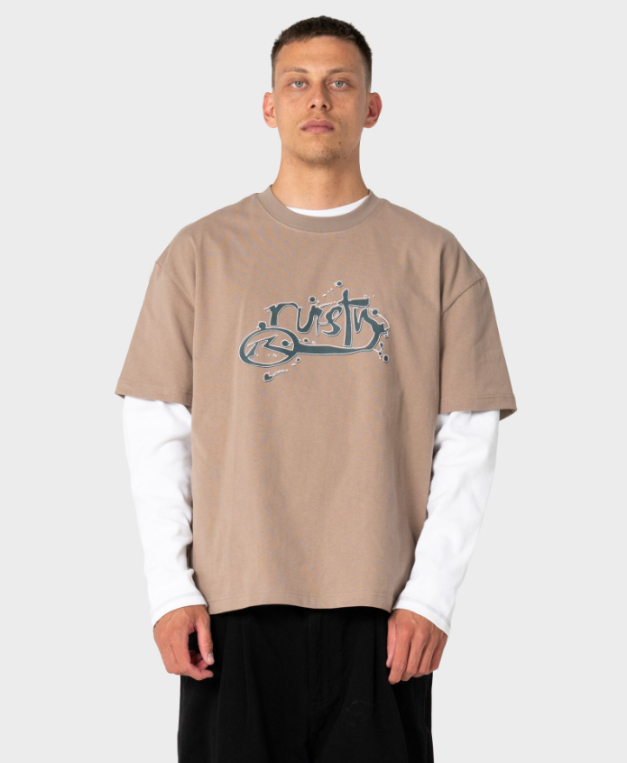 Rusty Spray N Pray Men's T-Shirt in mushroom colourway on model in black shorts close up from the front
