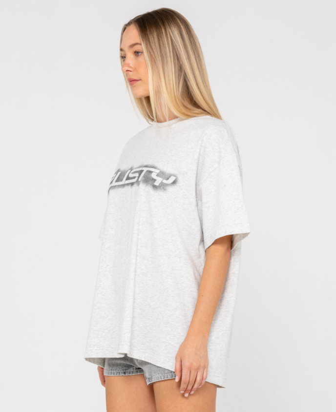 Rusty Sprayer Oversize Women's Tee in ecru marle colour on model from side