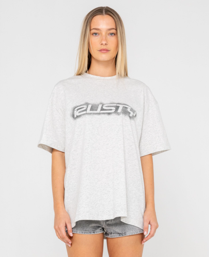Rusty Sprayer Oversize Women's Tee in ecru marle colour on model from front