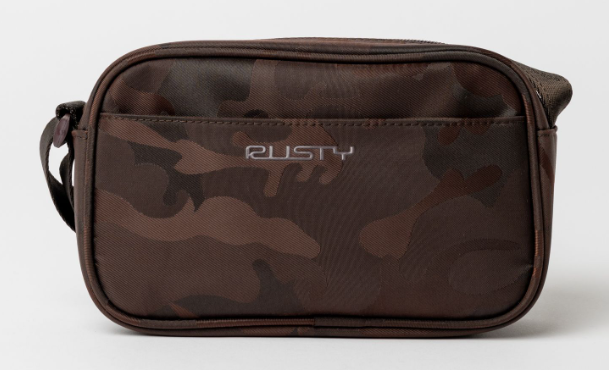 Rusty Stellar Nylon Camo Side Bag in java colourway on white background