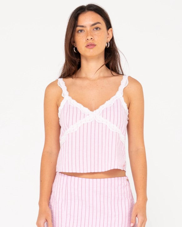 Rusty Stripy Girl Slim Fit Cami in rose pink stripes from front