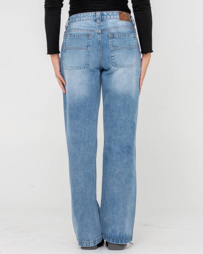 Rusty Suzy Straight Low Rise Jeans in blasted middy blue from rear