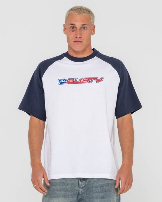 Rusty Swaglan Raglan Short Sleeve Tee in white with navy arms