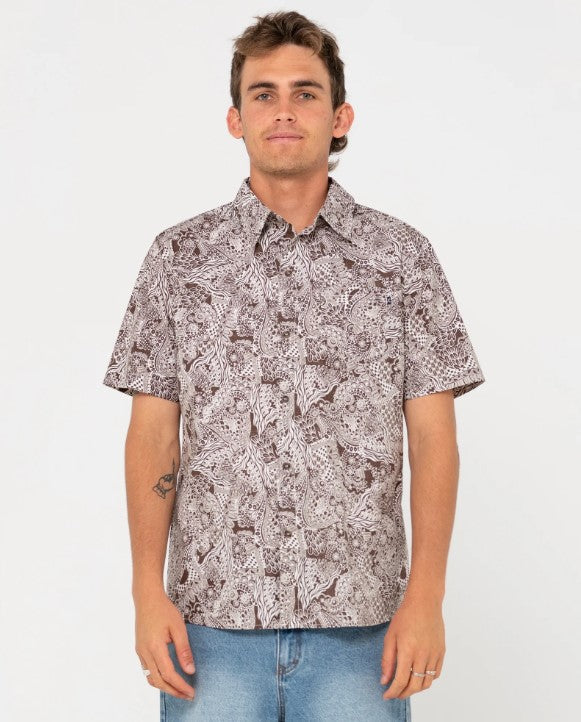 Rusty Tahiti Short Sleeve Shirt in java colour from front on model