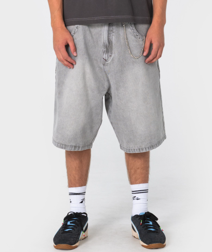 Rusty Turbo 2.0 Baggy 24" Denim Shorts in storm grey colourway close up from the front