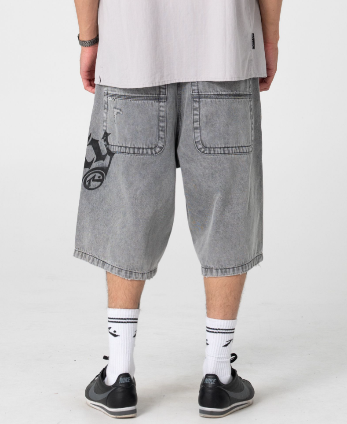 Rusty Tweaking Baggy 26" Men's Denim Shorts in london summer colourway from the rear