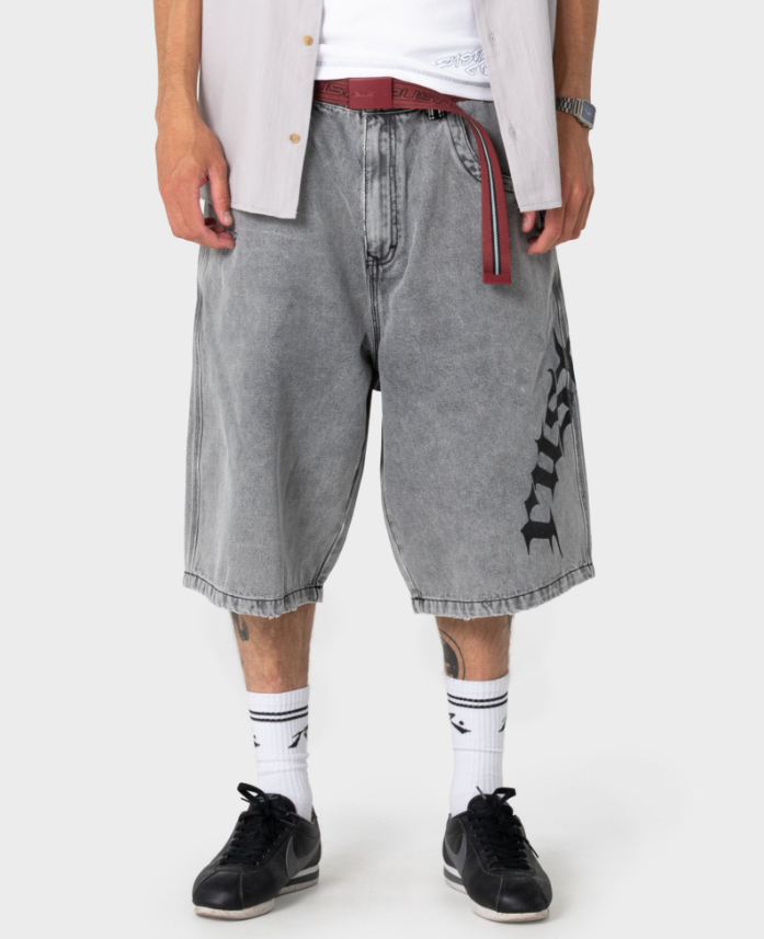 Rusty Tweaking Baggy 26" Men's Denim Shorts in london summer colourway from the front
