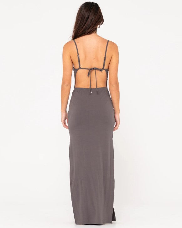 Rusty Vicky Maxi Slip Dress in oyster grey on model from rear