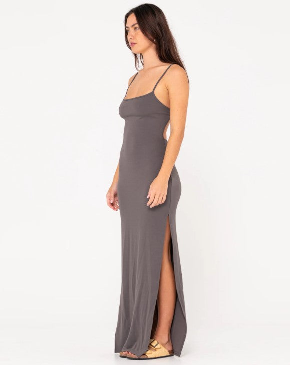 Rusty Vicky Maxi Slip Dress in oyster grey on model from side