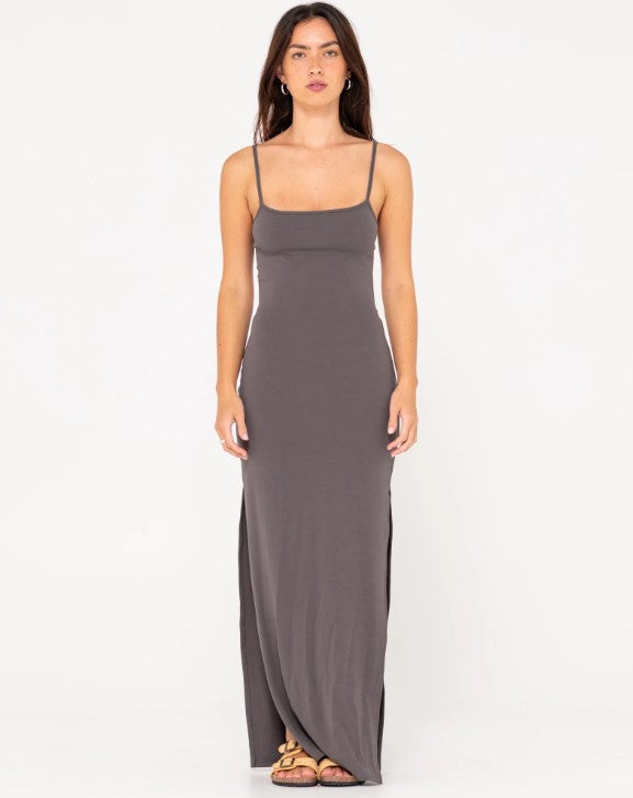 Rusty Vicky Maxi Slip Dress in oyster grey on model from front