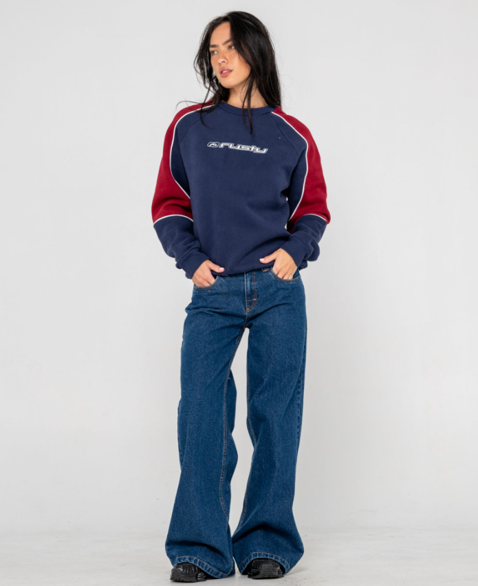 Rusty Wendy Low Rise Wide Women's Denim Jeans on model from front
