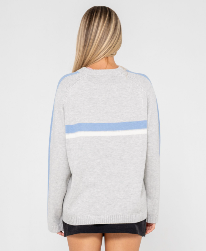 Rusty White Lines Long Sleeve Women's Knit in grey marle with blue and white stripe detail on model from  rear