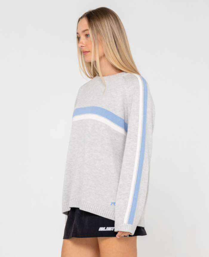 Rusty White Lines Long Sleeve Women's Knit in grey marle with blue and white stripe detail on model from  side