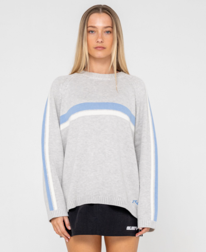 Rusty White Lines Long Sleeve Women's Knit in grey marle with blue and white stripe detail on model from  close up