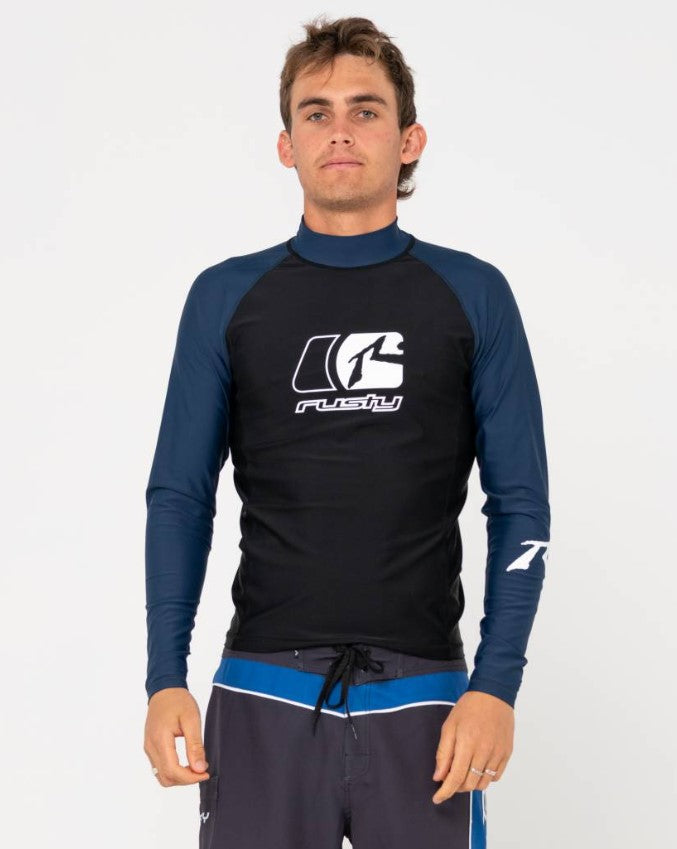 Rusty Y2Shay Long Sleeve Rash Top in black with dark blue arms