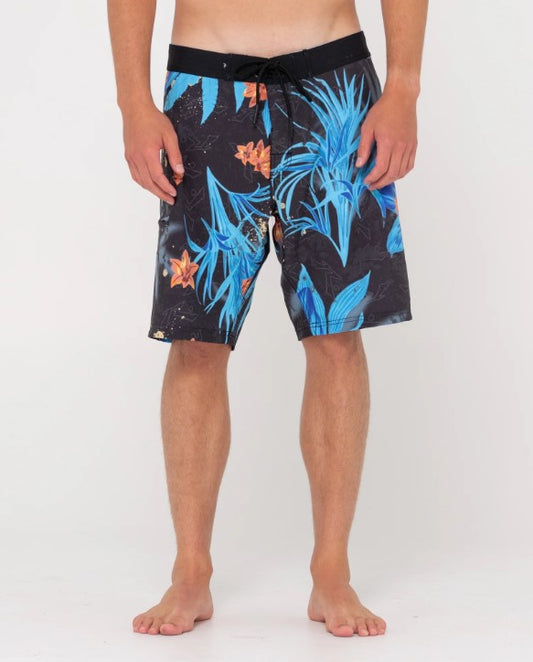 Rusty Yardidgeridoo Boardshorts in black floral colourway from front