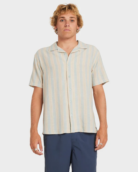 RVCA Beat Stripe Short Sleeve Shirt in striped chambray colourway from front on blond model