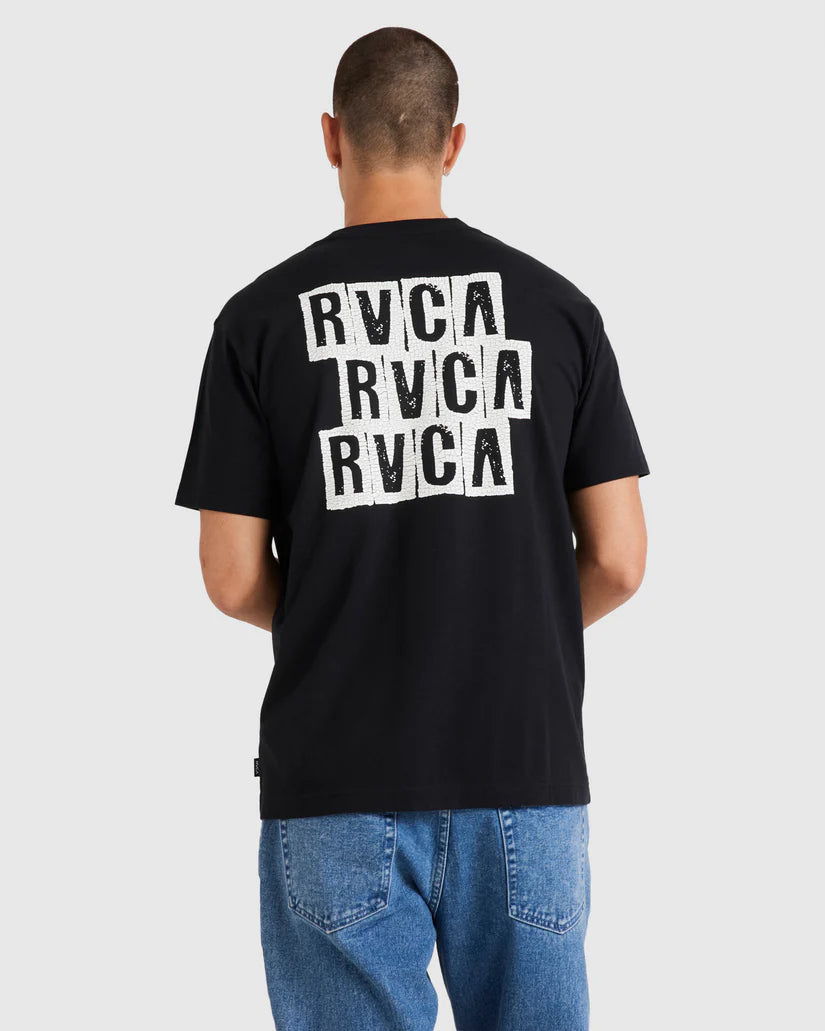 MENS BLOCKED RVCA T-SHIRT in black back veiw on model