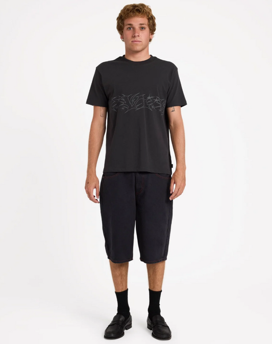 RVCA Dayshift 23.5" Baggy Denim Shorts in black on model from front