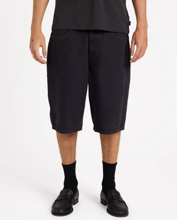 RVCA Dayshift 23.5" Baggy Denim Shorts in black from front