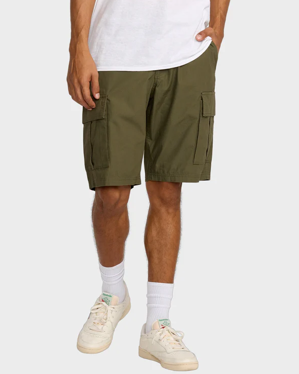 RVCA Dayshift Cargo Shorts in fatigue colourway from front close up