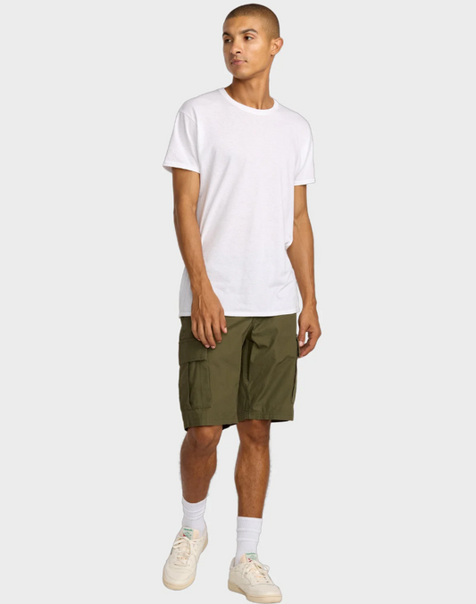 RVCA Dayshift Cargo Shorts in fatigue colourway on model in white tee from front