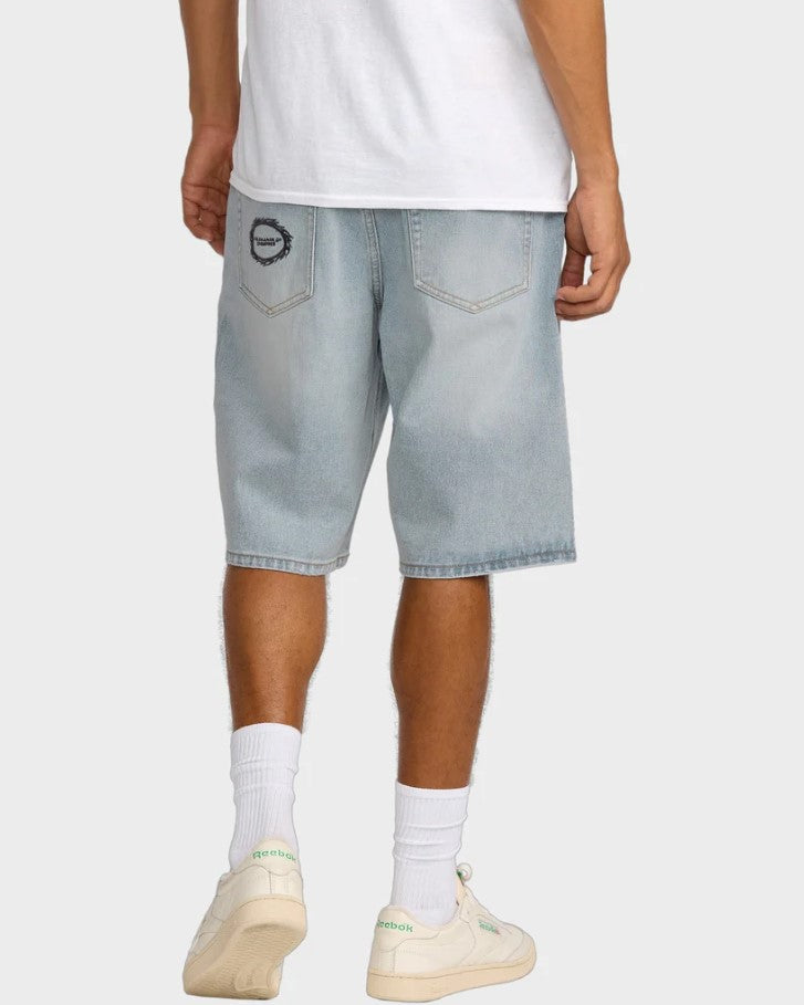 RVCA Dayshift 22" Mens Denim Shorts in vintage blue on model in white t-shirt from rear