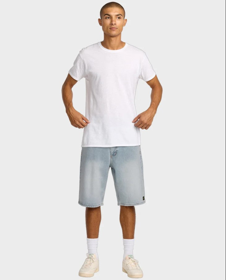 RVCA Dayshift 22" Mens Denim Shorts in vintage blue on model in white t-shirt from front