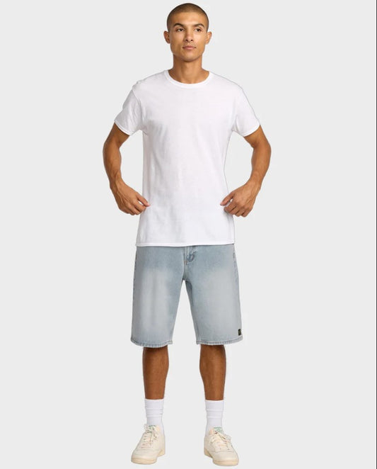 RVCA Dayshift 22" Mens Denim Shorts in vintage blue on model in white t-shirt from front