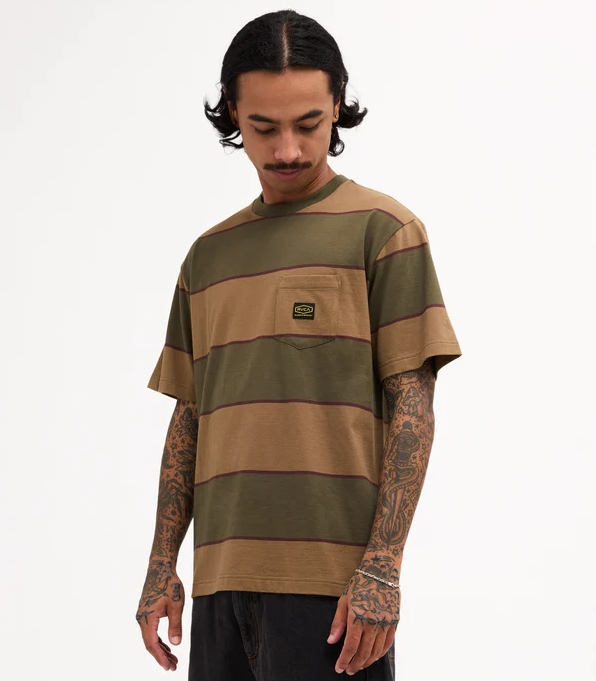 RVCA Dayshift Stripe Tee in fatigue colourway from side