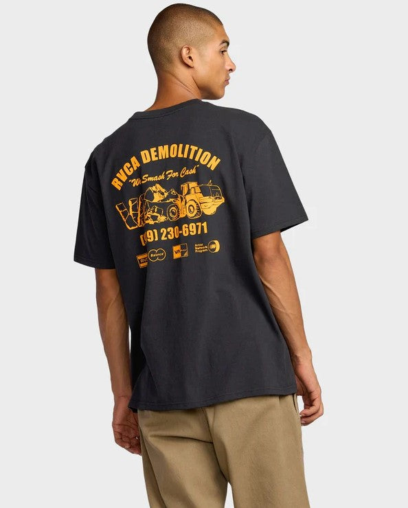 RVCA Demo Short Sleeve Shirt in black with yellow print from rear