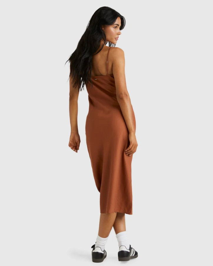 RVCA Everyday Bias Dress in mocha bisque colourway from rear on model