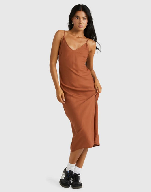 RVCA Everyday Bias Dress in mocha bisque colourway on model from front