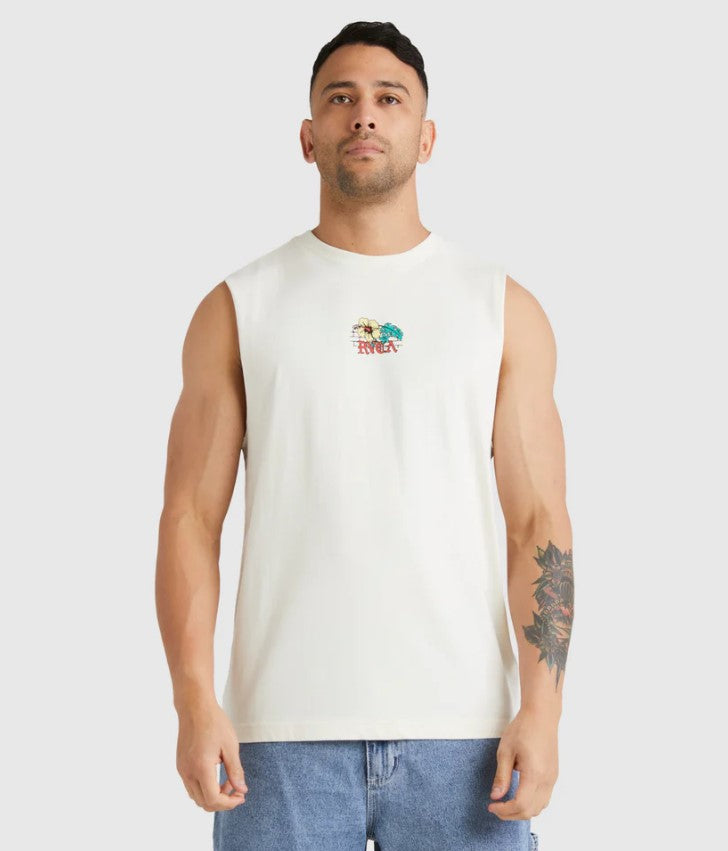 RVCA Floral Park Muscle Top on model in white