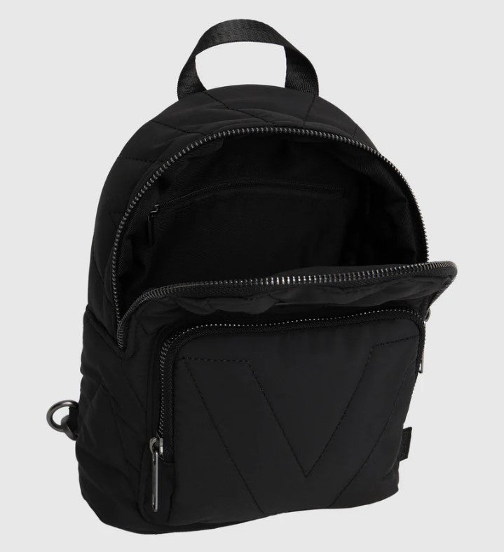RVCA Womens Quilted Sling Bag in black from front showing open compartment
