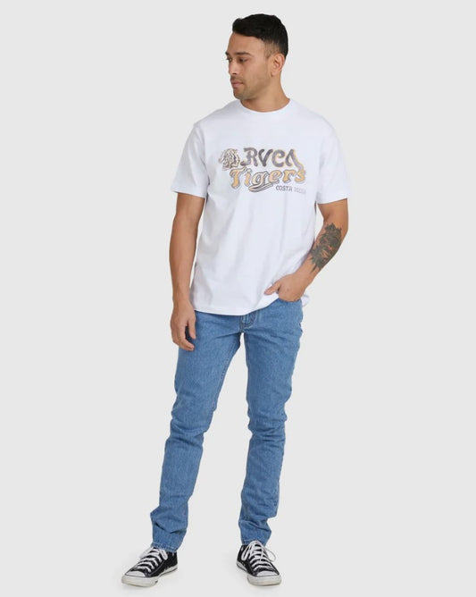 RVCA Rockers Denim Jeans in vntage blue on model from front