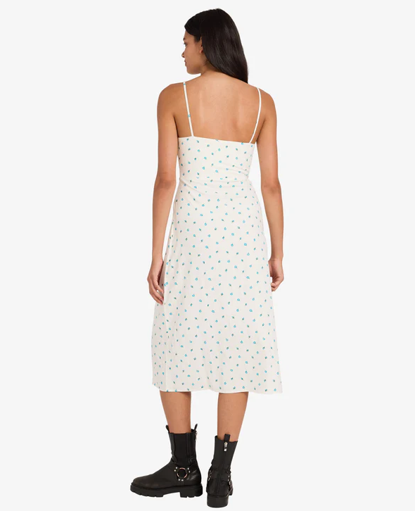 RVCA Rose Bud Cafe Dress in white with floral detail on model from front rear
