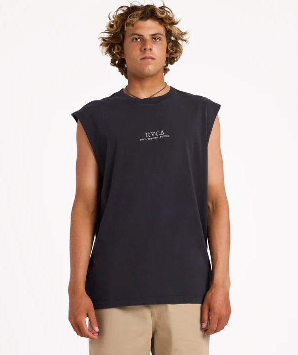 RVCA Scorpo Muscle Top in black on model from front
