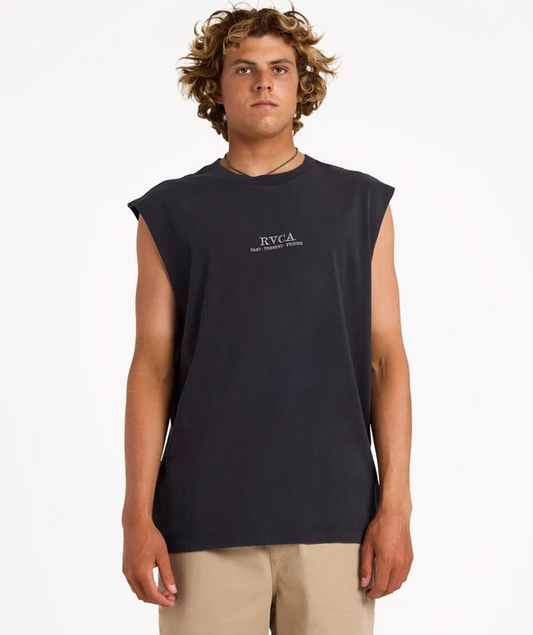 RVCA Scorpo Muscle Top in black on model from front