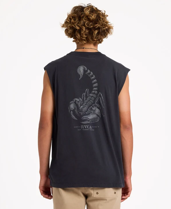 RVCA Scorpo Muscle Top in black on model from rear showing scorpion