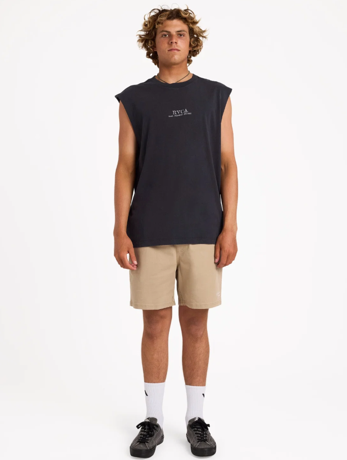 RVCA Scorpo Muscle Top in black on model in tan shorts