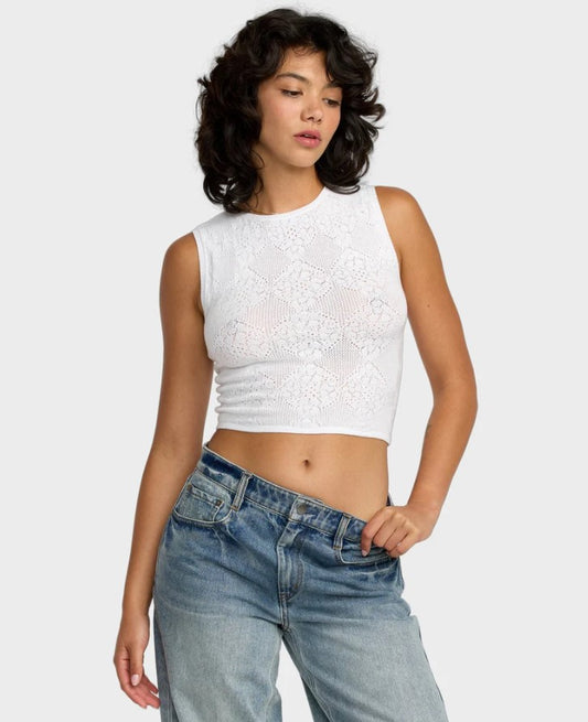 RVCA Womens Shiver Tank  in whisper white on model wearing blue jeans from the front