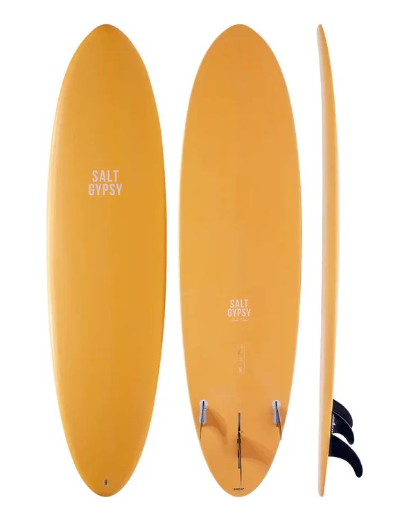 Salt Gypsy 7'4 Mid Tide Epoxy Softboard in hot mango colourway showing deck, side and bottom views