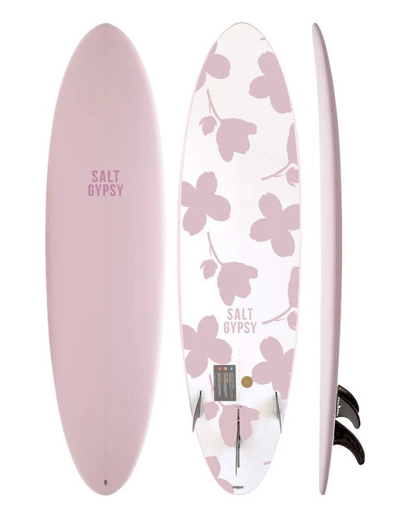 Salt Gypsy 7'0 Mid Tide Epoxy Softboard in dirty pink and white showing deck, side and bottom view