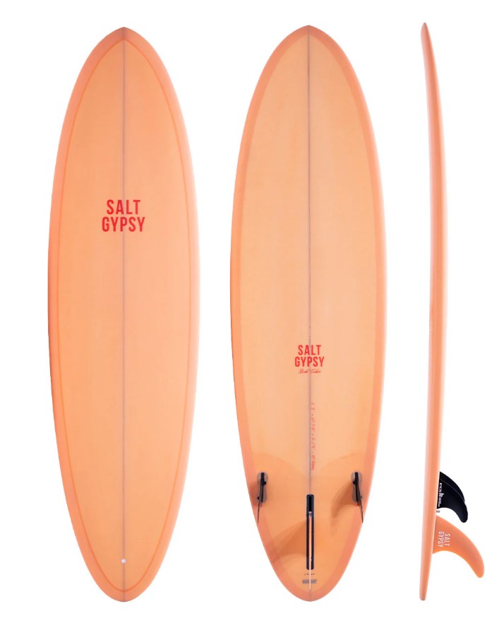 Salt Gypsy 7'8 Mid Tide PU Midlength Surfboard in peach fizz colourway showing deck, side and bottom views